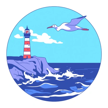 A white cigogne is gliding gracefully through the air, its wings outstretched against a backdrop of a striking blue sky. Below, a tall red and white striped lighthouse stands on a rugged coastal cliff, overlooking the ocean. The lighthouse has a lantern room at the top, surrounded by a railing. The sea beneath is churning, with waves crashing against the rocky shore, sending up white foam. The scene captures the dynamic interaction between the cigogne in flight and the vibrant coastal landscape.