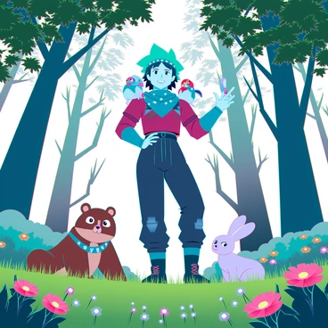 Zoro, a character with green hair and a bandana, stands confidently in the center of a vibrant forest glade. He is surrounded by various friendly animals, including a small brown bear, a playful rabbit, and colorful birds perched on his shoulders and arms. The trees around him are tall and lush, with sunlight filtering through the leaves, casting dappled shadows on the ground. The grass is a rich green, and wildflowers add splashes of color throughout the scene. Zoro has a relaxed expression, enjoying the peaceful company of the animals.