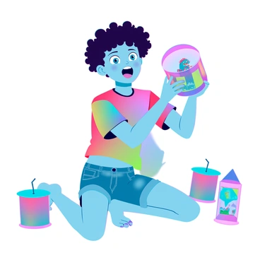 A surprised child with light brown skin and curly hair, dressed in a colorful t-shirt and denim shorts, is sitting on the floor. They are holding a brightly colored gacha capsule in their hands, which is half-open. A small toy, shaped like a cartoon dinosaur, is visible inside the capsule. The child's eyes are wide with excitement, and a big smile stretches across their face, reflecting pure joy and anticipation. The surrounding area is filled with other gacha capsules and toys, creating a playful atmosphere.