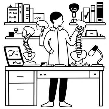 A researcher wearing a lab coat is standing at a workbench in a laboratory. The researcher is closely examining two detailed models of cervical spines. One model is a standard cervical spine representation, while the other displays various stages of cervical radiculopathy. Scientific tools and notepads are scattered across the workbench, and there is a microscope nearby. The background features shelves filled with medical textbooks and anatomical charts related to the spine.
