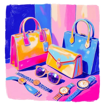 A close-up view of luxury accessories elegantly displayed at Harrods. The scene includes a variety of colorful handbags made from high-quality materials, each featuring unique designs and textures. There are stylish sunglasses with ornate frames positioned next to the bags, reflecting light in a way that highlights their glossy finishes. Several watches with intricate dials and sophisticated bands are arranged artfully alongside the other items. The background includes plush velvet surfaces that enhance the luxurious ambiance.