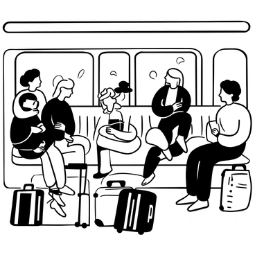 A "Rimowa suitcase" is tucked into the luggage rack of a train. The interior of the train is filled with "excited travelers" engaged in conversation and laughter. Some travelers are seated, reading books or looking out the window, while others are standing and chatting. The train's benches are lined with passengers, creating a lively atmosphere. The details of the suitcase, with its sleek design and distinctive grooves, contrast with the surrounding bags. Light filters through the windows, creating patterns on the floor of the train.