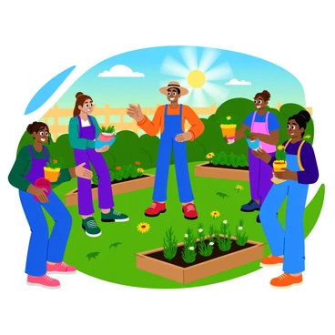 A gardening expert with a sun hat and gloves stands in the center of a vibrant community garden. Surrounding them is a diverse group of enthusiastic individuals, each holding small pots and gardening tools. The expert demonstrates how to plant herbs, showcasing a cluster of fresh basil, rosemary, and thyme in colorful containers. The garden is filled with lush green plants, flowering marigolds, and wooden raised beds. Sunlight filters through the leaves, creating a warm and inviting atmosphere as everyone listens attentively and eagerly participates in the planting activity.