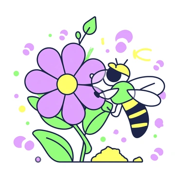 A detective bee is perched on a vibrant flower. The bee is wearing a tiny detective hat and has a magnifying glass in its right hand. The flower has large petals and intricate details. Surrounding the flower, there are various clues such as small footprints in the soil and pieces of pollen scattered nearby. The bee is leaning forward, intently examining a small fleck of pollen under the magnifying glass. In the background, a few leaves and twigs are slightly blurred, emphasizing the detective bee's investigation.