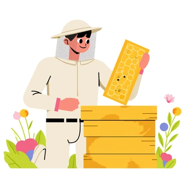 A character named "Davies" dressed in a full beekeeper suit, complete with a white helmet and mesh veil, is carefully inspecting a wooden beehive. The beehive is painted in shades of yellow and brown, with bees buzzing around it. Davies holds a frame from the hive, which is filled with hexagonal cells containing honey and bees. The setting includes a lush garden with colorful flowers and greenery in the background, enhancing the scene of beekeeping.