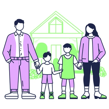 A family of four is standing together, hands intertwined. The father is on the left, wearing a button-up shirt and jeans. Next to him is the mother, dressed in a casual sweater and leggings. Their son is holding one of his mother's hands, wearing a t-shirt and shorts, while their daughter stands on the other side, holding her father's hand, in a colorful dress. Behind them, there is a cozy home with a front porch and a welcoming entrance. The home features two large windows and a flowerbed in front, adding warmth to the scene.