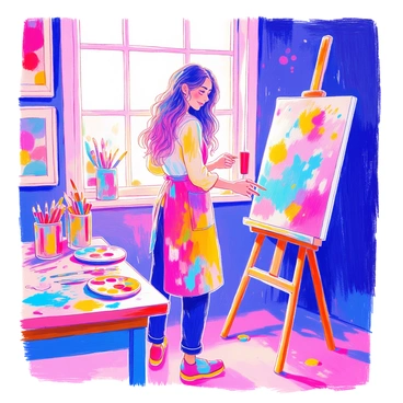 A beautiful woman with long flowing hair is standing in front of a canvas. She is wearing a vibrant apron splattered with paint. The art studio is filled with various colorful paintings hanging on the walls. A large window lets in natural light, illuminating the space. Several paintbrushes are scattered on a wooden table beside her, and a palette with a mix of bright colors is resting on the table as well. On the floor, there are drops of paint and remnants of previous works.