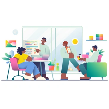 A modern office space features large windows allowing natural light to flood the room. There are several employees engaged in work, each at their own workspace. One employee, a woman with curly black hair, is sitting at a desk with a laptop, wearing a bright yellow shirt. Another employee, a man with glasses and a light blue shirt, is standing by a whiteboard filled with colorful notes and diagrams. The walls are adorned with abstract artwork showcasing vibrant colors. To one side, there is a cozy lounge area with a green couch, small round tables, and plants adding a touch of greenery. A coffee station is visible in the background, complete with colorful mugs and snacks. The overall atmosphere is bright and inviting, encouraging collaboration and creativity.