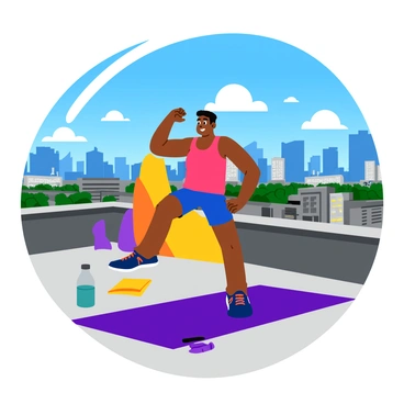 A vibrant urban rooftop setting with a clear blue sky in the background. A fit individual, dressed in a bright-colored tank top and athletic shorts, is performing Russian twists on a colorful yoga mat. They are surrounded by a cityscape featuring tall buildings and bustling streets below. Nearby, a water bottle and a small towel are placed on the mat. The scene is filled with energy, showcasing the determination and focus of the person during their workout session.