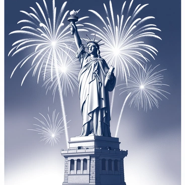 The Statue of Liberty stands tall on her pedestal, showcasing her iconic features, including the crown with seven spikes and the raised torch. The statue is depicted in monochrome, highlighting the intricate details of her robe and facial expression. Behind her, an array of fireworks bursts in various shapes and sizes, filling the night sky with dynamic patterns and flashes of light. The scene captures a sense of celebration, with the brilliant display of fireworks contrasting against the dark backdrop of the night.