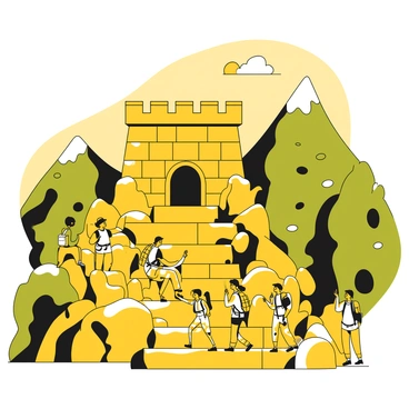 A group of hikers navigating the rocky path leading to "Geumjeongsanseong Fortress." The fortress is made of large stone blocks, showcasing its historical architecture. Surrounding the fortress are lush green mountains, rising majestically in the background. The hikers are dressed in practical outdoor clothing, carrying backpacks. Some of them are pointing towards the fortress while others are taking photographs. The scene conveys a sense of adventure and exploration in a rich natural landscape.