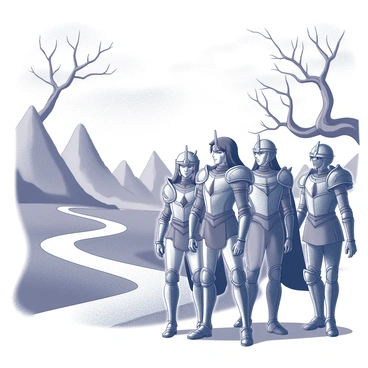 A group of armored warriors known as "Saint Seiya" is depicted setting off on a quest. The warriors are clad in intricate, detailed armor, each reflecting their unique constellations. They stand together, showcasing their varied stances and expressions of determination. The landscape around them is mystical, featuring towering mountains and ancient trees with twisted branches. A winding path leads into the distance, inviting the viewer to envision the journey ahead. The sky overhead is dotted with clouds, adding a sense of adventure and uncertainty to their quest.