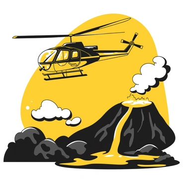 A KMAX helicopter flying in the sky with its rotors spinning, is depicted at a slight angle to emphasize its movement. The helicopter is black with yellow accents, and it has a camera mounted on the front for monitoring purposes. Below, an active volcano is visible, with molten lava flowing down its sides, glowing brightly against the dark landscape. Smoke billows from the volcano, creating a dynamic contrast with the helicopter above. The surrounding area features rugged terrain, with patches of black rock and hints of white steam rising from the hot ground.