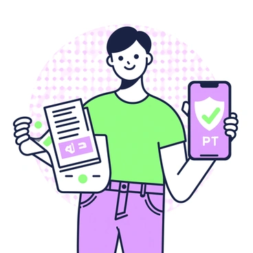 A person is standing with a smartphone in their right hand, displaying a bright digital shield graphic on the screen. The shield appears sleek and modern, symbolizing protection and security. The individual has short hair, wearing a casual outfit consisting of a t-shirt and jeans. In their left hand, they are holding a small stack of documents that feature diagrams and text related to cybersecurity insurance. A subtle smile appears on their face, indicating confidence in the protection offered by the digital shield. The background includes a soft geometric pattern, enhancing the tech-savvy theme of the scene.