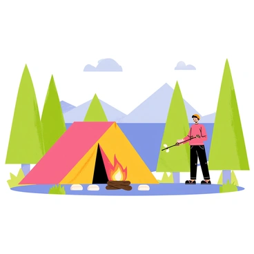 A colorful tent is set up by a sparkling blue lake, surrounded by tall green trees. A person is standing near the campfire, carefully roasting white marshmallows on a long stick. The campfire emits a warm orange glow, and there are small, smooth stones arranged around it. The lake reflects the colors of the sky, and a few fluffy clouds drift above. In the background, there are distant mountains, adding depth to the tranquil scene.