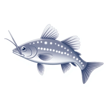 A close-up view of a catfish. The catfish's body is prominently displayed, highlighting its unique scale pattern and textures. The scales have a distinct arrangement, showcasing intricate details such as bumps and ridges. The catfish's whiskers are clearly visible, adding to the complexity of its appearance. The background is softly blurred, emphasizing the catfish and its features.