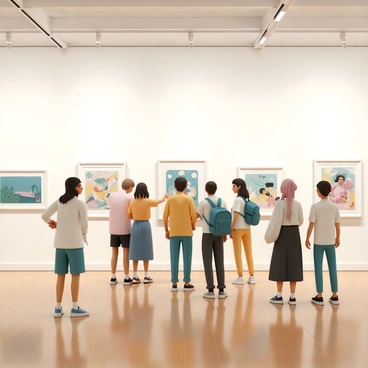 A spacious exhibition hall with high ceilings and polished wooden floors. The walls are adorned with various framed illustrations of different sizes, showcasing colorful artworks. Each illustration features distinct styles and themes, ranging from abstract to realistic depictions. In the center of the hall, a diverse group of curious visitors, including men and women of different ages, are engaged in exploration. Some visitors are standing closely to examine specific illustrations, while others are discussing with each other, pointing at artworks with intrigue. The soft lighting highlights the details of the illustrations, creating a warm atmosphere in the hall.