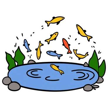 A tranquil pond surrounded by lush green plants and small rocks. In the water, there are eight colorful fish swimming gracefully. Seven of the fish are leaping out of the water, creating splashes as they jump into the air, highlighting the fraction "8/7." The fish vary in color, including bright orange, yellow, and blue, and their movements create ripples on the surface of the pond. The scene captures a moment of lively activity within the serene setting of the pond.