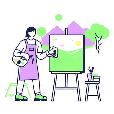 An artist is focused on painting a landscape on a large canvas set on an open-air easel. The artist has a palette in one hand filled with various colors and a brush in the other. The canvas features a vibrant scene, including rolling hills and a bright sky. To the side, a small wooden stool holds additional painting supplies. In the background, there are a few trees providing shade, along with distant mountains that frame the scene. The artist is wearing an apron, and the sun is shining down, casting gentle shadows around the easel.