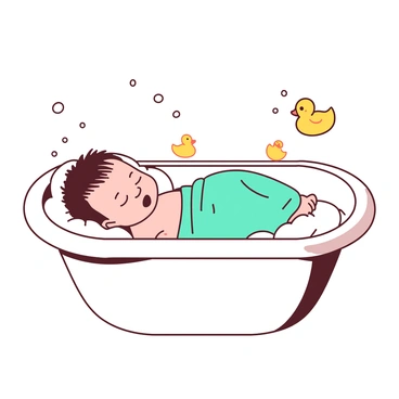 A small, white tub is filled with gentle bubbles, creating a soft foam on the surface. A newborn baby is lying comfortably in the tub, with delicate features and tiny fingers exploring the bubbles around them. The baby is wrapped in a light teal washcloth, providing warmth and comfort. Soft water splashes gently against the baby's skin, creating a playful atmosphere. The background includes a few floating rubber ducks, adding a touch of whimsy to the scene.