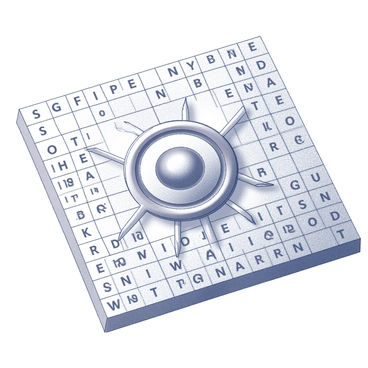 A crossword puzzle with a grid layout filled with various words intersecting. At the center of the puzzle, there is an "Egyptian sun disk," featuring a circular shape surrounded by rays extending outward. The sun disk is intricately designed, showcasing traditional Egyptian motifs. The surrounding words are arranged neatly, forming a well-defined crossword pattern. Each letter is clearly visible, contributing to the overall composition of the puzzle.