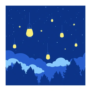 A dark blue night sky is filled with multiple floating lanterns, each glowing softly with a warm yellow light. The lanterns are various shapes, including round and rectangular, drifting gently among the stars. Below, silhouettes of trees frame the scene, while a few clouds are subtly illuminated by the light from the lanterns, creating a serene atmosphere. The overall composition captures the enchanting sight of the lanterns as they resemble stars in the vast night sky.