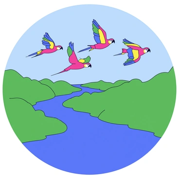 A flock of colorful macaws in vibrant hues of red, blue, green, and yellow is flying in a V formation over the Amazon River. The macaws have their wings spread wide, showcasing their striking plumage. Below them, the Amazon River winds through the lush greenery of the rainforest, reflecting the bright colors of the birds above. The sky is clear and blue, providing a contrast to the vivid colors of the scene.