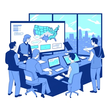 A group of journalists is gathered in a modern newsroom, intensely focused on analyzing "electoral college maps" displayed on large screens. The newsroom features a sleek design with various multimedia equipment and a panoramic view of the city visible through large windows. Each journalist is engaged, with one person pointing at a specific area on a "map" while others take notes and discuss their findings. The screens show intricate details of the electoral maps, with different regions highlighted in contrasting colors. The atmosphere is filled with energy as the journalists collaborate to interpret the data presented on the screens.