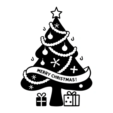 A Christmas tree adorned with various festive holiday ornaments hanging from its branches. The ornaments include a shiny star at the top, colorful baubles in various shapes and sizes, and delicate snowflakes. Tinsel wraps around the tree, adding texture to the overall appearance. A few presents with ribbons are placed at the base of the tree. "Merry Christmas" is written on a banner hanging from one of the branches.