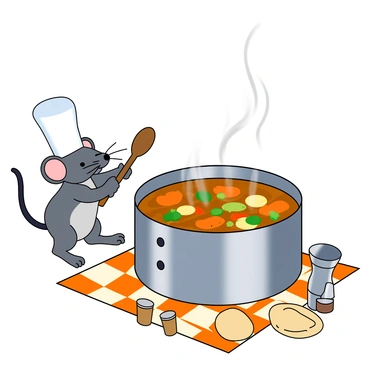 A small gray mouse wearing a tall white chef's hat stands on its hind legs. The mouse is holding a wooden spoon in its tiny paws, vigorously stirring a large, round pot of bubbling soup. The pot, made of shiny stainless steel, is filled with colorful vegetables like carrots, peas, and potatoes. Steam rises from the pot, creating a whimsical atmosphere. The background includes a checkered tablecloth and a few scattered kitchen utensils like a ladle and spice jars. 