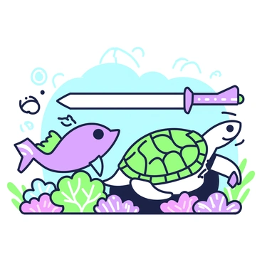 A swordfish and a sea turtle are swimming side by side in a vibrant reef. The swordfish has a long, pointed bill and streamlined body, gliding gracefully through the water. The sea turtle has a domed shell with distinct patterns and is paddling gently with its flippers. Surrounding them are various coral formations, with intricate shapes and textures. Small fish dart in and out of the corals, creating a lively atmosphere. The sunlight filters through the water, illuminating the scene and enhancing the colors of the reef.