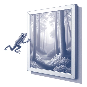 A frog is emerging from a painting displayed on a gallery wall. The painting depicts a lush forest filled with towering trees and intricate underbrush. The frog is positioned at the edge of the canvas, with its front legs stretching out as if it is about to leap into the real world. The details of the forest include various plants and shrubs, creating a dense, textured background. The gallery wall itself features a neutral tone, enhancing the focus on the painting and the frog's movement.