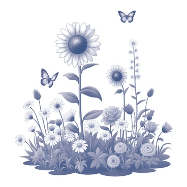 A garden filled with various types of blooming flowers, showcasing different shapes and sizes. There are tall sunflowers standing prominently, along with clusters of daisies and roses. Butterflies are seen fluttering among the flowers, displaying intricate wing patterns. The scene is filled with leaves and stems, as well as patches of grass beneath the flowers. The overall composition conveys a sense of natural beauty and life.