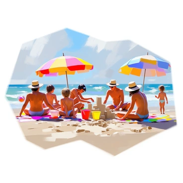 A sunny 1920s beach scene featuring several families enjoying the ocean. Children are playing in the sand, building castles with buckets and shovels. Adults are lounging on colorful beach towels under vibrant parasols in various shades of red, blue, and yellow. The ocean waves are gently crashing in the background, and a few people are swimming. Beachgoers are wearing period-appropriate swimwear, with some wearing straw hats. A beach ball is being tossed between a group of kids, adding to the lively atmosphere of the day.