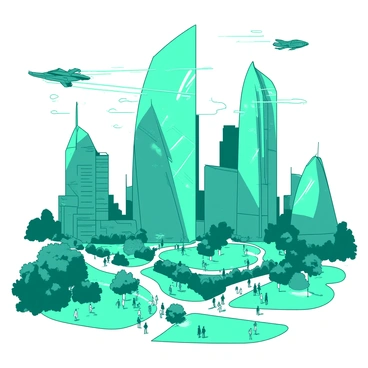 A teal futuristic cityscape features numerous buildings shaped like towering hydrapples. The hydrapples are sleek and curved, with reflective surfaces that catch the light. Surrounding the hydrapple buildings, there are vibrant green parks with paths winding through them. In the sky, flying vehicles zip by, leaving trails of light behind them. The scene is bustling with activity as people walk below, engaged in conversations and enjoying the urban environment. Bright banners hang between the buildings, adding a splash of color to the skyline.