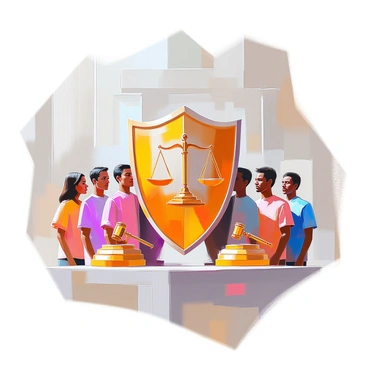 A large, ornate shield stands prominently in the center of the image, symbolizing protection and strength. The shield is intricately designed with a pattern of scales to represent justice, and it is embellished with symbols of legal rights, such as a gavel and a balance. In front of the shield, a diverse group of people stands united, their expressions reflecting determination and hope. They are positioned protectively around the shield, emphasizing the theme of defense and solidarity in the pursuit of justice. The background features a blurred outline of a courtroom, further reinforcing the legal context of the scene.