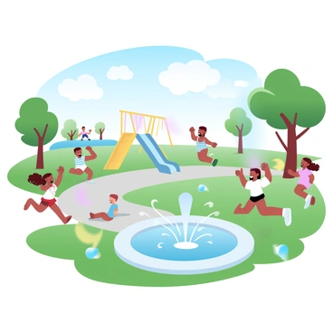 A schoolyard filled with children playing joyfully. Several children are running around, while others are gathered near a small, simple fountain that has gently flowing water. Brightly colored playground equipment, such as swings and slides, is visible in the background. The grass is lush and green, and trees provide shade around the area. Some children are laughing and splashing water from the fountain, while others are engaged in games on the grass. Bright blue skies and soft, fluffy clouds enhance the cheerful atmosphere.