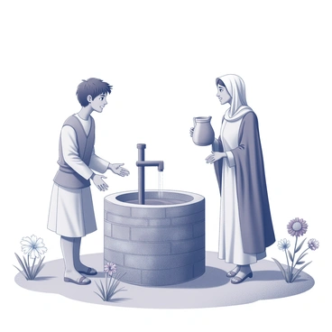 A young man named Isaac is standing beside a well, greeting a woman named Rebekah. She is approaching him with a welcoming expression, carrying a water jug. The well is constructed with stone and has a wooden beam above it for drawing water. Surrounding them are various blooming flowers in different sizes and shapes, adding vibrancy to the scene. The sky above is clear and bright, with the sun shining down, casting soft shadows on the ground.