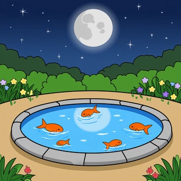 A large, round goldfish pond surrounded by lush green plants and colorful flowers. The pond is filled with several bright orange goldfish swimming gracefully. Above, a starry night sky is visible, with twinkling stars scattered across a deep blue canvas. A full moon hangs prominently in the sky, casting a silvery reflection on the surface of the pond. The water ripples gently, creating small waves that distort the moon's reflection. Soft shadows are created around the pond by the moonlight, enhancing the tranquil atmosphere of the scene.
