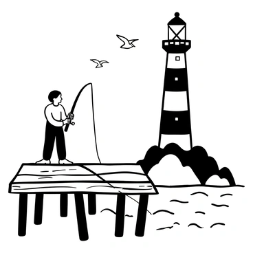 A person standing on a wooden pier holds a fishing rod, with a fishing line extended into the water below. The pier is weathered and worn, with wooden planks showing signs of age. In the background, there is a tall lighthouse with a striped design, prominently positioned by the shoreline. The lighthouse has a lantern room at the top and is surrounded by rocky terrain. Seagulls are flying in the sky above, and the water ripples gently around the base of the pier.