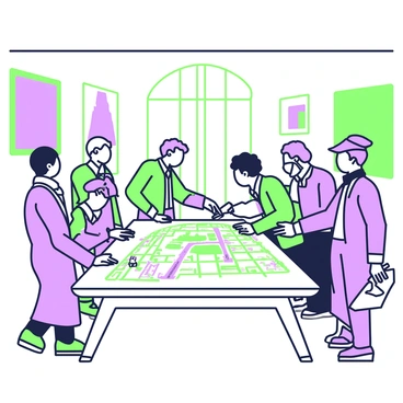 A room filled with leaders of the Paris Commune engaged in discussion. In the center, a large table is covered with a detailed map of Paris, marked with various symbols and notes. Around the table, several men and women are leaning in, pointing at specific areas on the map. One leader is standing, holding a pointer and emphasizing a location. The walls of the room are adorned with banners and posters reflecting revolutionary themes. Natural light streams in through a large window, illuminating the intense expressions of the participants as they strategize their plans.