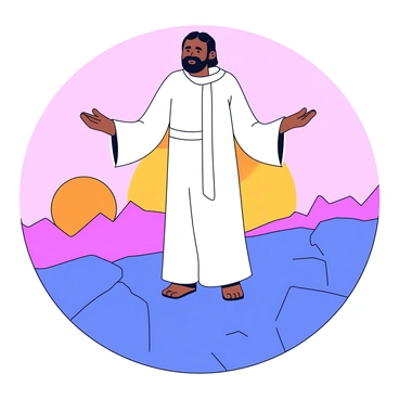 A saint dressed in flowing robes of white stands confidently on a rocky mountain peak. The figure is depicted with a serene expression and hands gently extended outward. Behind the saint, a vibrant sunrise illuminates the sky with hues of orange and pink, casting a soft glow over the landscape. The peaks of distant mountains are visible in the background, partially silhouetted by the warm light of the rising sun. The scene conveys a sense of tranquility and reverence.