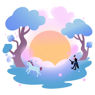 A vibrant sunset casting colorful shadows over a fantasy forest, with silhouettes of magical creatures.