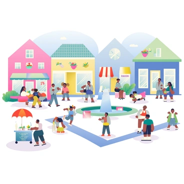 A quaint town square is filled with pastel-colored houses in shades of pink, blue, and yellow. In the foreground, a group of people are gathered, some sitting at small round tables enjoying coffee, while others stroll casually between the shops. A vendor cart with a bright red umbrella is selling flowers, and there are potted plants and hanging flower baskets adding splashes of color throughout the square. Children are playing nearby, chasing each other while laughter fills the air. A fountain in the center of the square has water gently flowing, surrounded by benches where people are relaxing and chatting. The sky above is a soft blue, adding to the cheerful atmosphere of the scene.