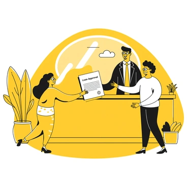 A bank representative in a business suit is standing behind a wooden desk, smiling as they hand over a document labeled "Loan Approval." The representative has short, neatly styled hair and is wearing glasses. The car buyer, dressed in casual clothing, is reaching out to accept the document. In the background, there is a large window showing a bright day outside, while a few potted plants sit on the desk, adding a touch of greenery to the setting. The atmosphere conveys a sense of accomplishment and satisfaction.