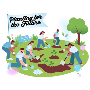 A group of volunteers is planting young trees in a lush green park. Each volunteer is engaged in the task, with some digging holes in the soil while others are carefully placing the saplings. They are wearing casual clothing and gloves, showing their commitment to the environment. Shovels and watering cans are scattered around them, and there are small piles of mulch ready for use. In the background, the park features vibrant grass and a few benches under the shade of existing trees. A large banner with the words "Planting for the Future" is displayed prominently near the gathering.