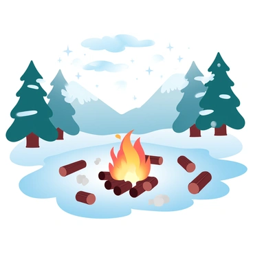 A campfire is burning brightly near the edge of an icy lake. The flames are casting warm orange and yellow hues that dance across the surface of the lake. The ice reflects the flickering light in various shades, creating a stunning contrast between the fire's warmth and the coolness of the ice. Surrounding the campfire, there are several logs arranged for seating, and the area is surrounded by tall pine trees dusted with snow. The night sky above is filled with twinkling stars, adding to the serene atmosphere of the scene.