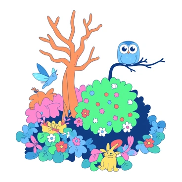 A duotone illustration depicting a whimsical scene in a vibrant forest. There is a tall, curly tree with bright orange leaves, and a small blue fairy with shimmering wings is fluttering around it. Nearby, a yellow rabbit wearing a tiny red vest is peeking out from behind a bush filled with colorful flowers. In the background, a curious blue owl with large expressive eyes perches on a branch, observing the scene. The forest is alive with various shapes and sizes of flowers, creating a lively and playful atmosphere.