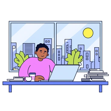 A freelancer is seated at a cluttered home desk. The desk has stacks of papers and notebooks scattered around. There is a laptop open in front of the freelancer, displaying various documents. Behind the desk, a large window offers a view of a busy cityscape with buildings and trees. Sunlight streams in through the window, illuminating the workspace. The freelancer has a focused expression as they type on the laptop, with a cup of coffee to the side.