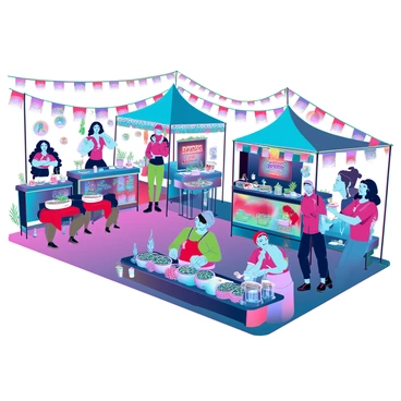 A vibrant cultural festival bustling with activity. Various characters are engaged in traditional games, such as tug-of-war and sack races, showcasing excitement and enthusiasm. Colorful tents and food stalls are set up around the festival, displaying an array of delicious dishes and snacks. Some characters are cooking on open grills, while others are serving steaming bowls of local delicacies. The atmosphere is filled with laughter and cheerful chatter as families and friends gather to enjoy the festivities. Decorations, such as banners and lanterns, add to the lively ambiance, and the setting is adorned with bright colors and cultural symbols.